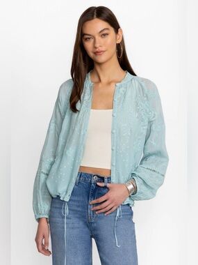 JOHNNY WAS GWYN MEADOW Light Blue Embroidered Peasant Jacket size Small